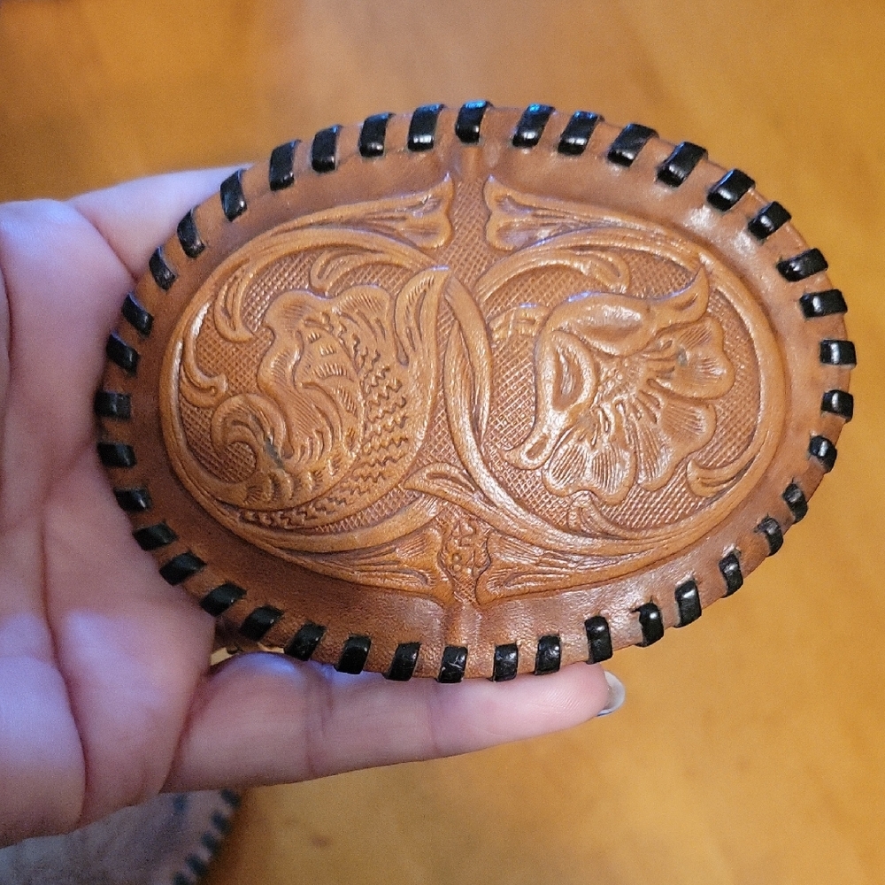 Brown Leather Tooled Belt Buckle